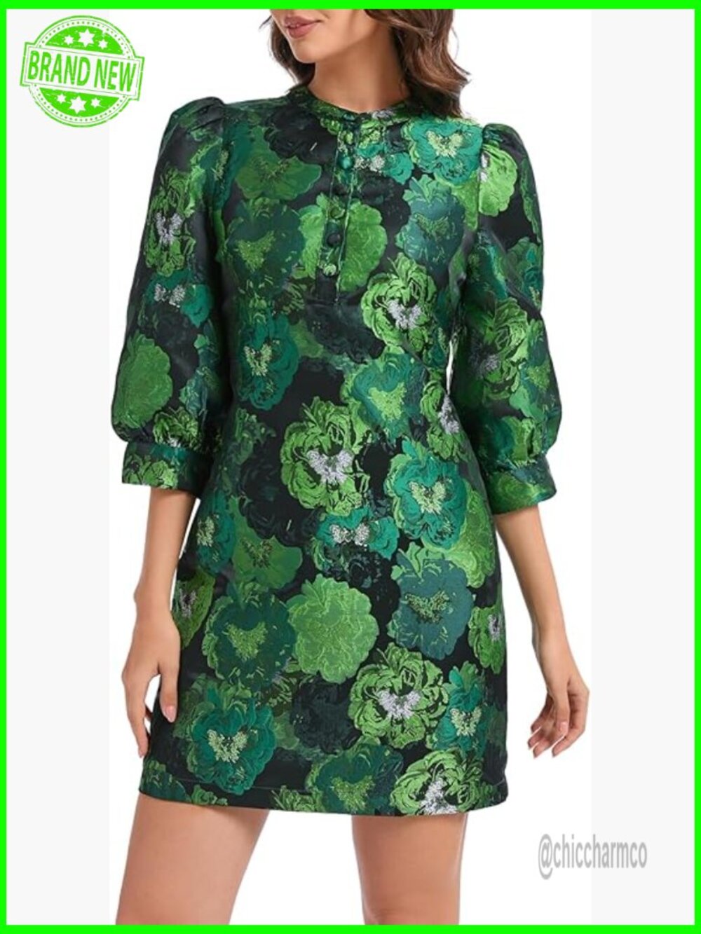 Floral Jacquard Shift Dress Long Puff Sleeve Button Up Cocktail Mini Dress